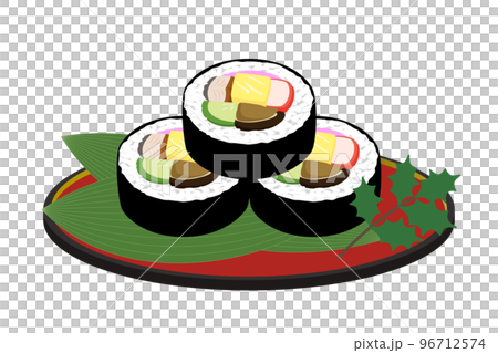 Illustration of Ehomaki, a futomaki sushi that is cut and placed on a plate 96712574