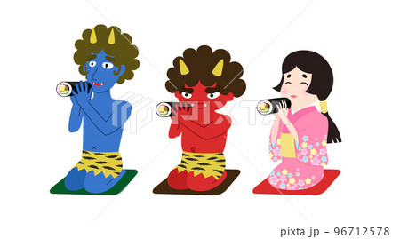 節分の日に恵方を向いて正座し、恵方巻を仲良く食べる赤鬼、青鬼、おたふくのイラスト 96712578