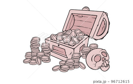 Open treasure chest with golden coins and skull. Wooden chest with money for games. Vector illustration 96712615