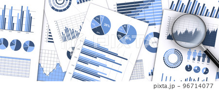 ビジネス資料と虫メガネ、多くのデータを分析する ビジネス資料と虫メガネ、多くのデータを分析する 96714077