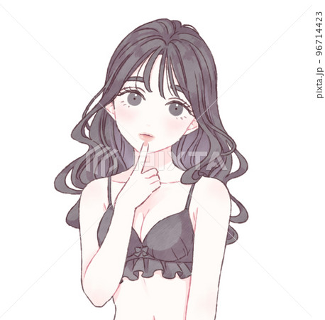 上目遣いで唇に指をあてる女性 下着 黒 96714423
