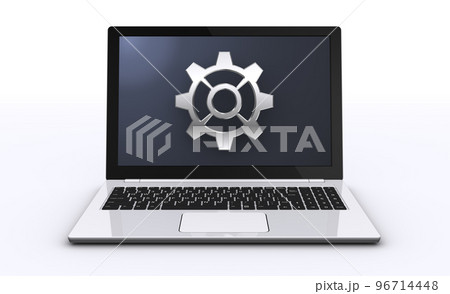 歯車アイコンとノートパソコン、PCの設定やメンテナンスのイメージ 96714448