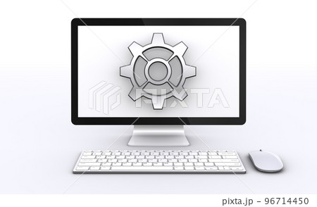 歯車アイコンとデスクトップパソコン、PCの設定やメンテナンスのイメージ 歯車アイコンとデスクトップパソコン、PCの設定やメンテナンスのイメージ 96714450