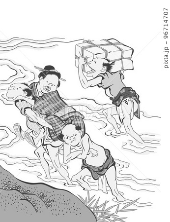 北斎の徒歩渡し川モノクロ 96714707