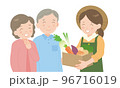 冬野菜の段ボールを持つ女性とシニア夫婦  96716019