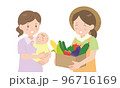 夏野菜の段ボールを持つ女性と母子  96716169
