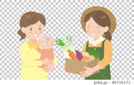 冬野菜の段ボールを持つ女性と母子 96716172