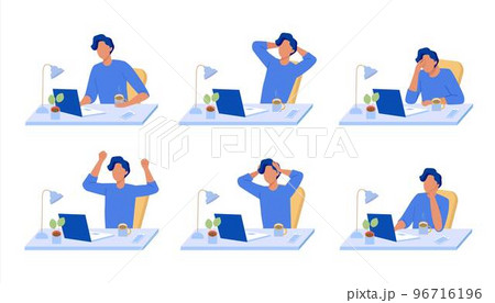 Businessman at the desktop with different emotions 96716196