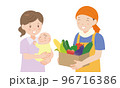夏野菜の段ボールを持つ男性と母子  96716386