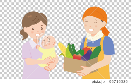 夏野菜の段ボールを持つ男性と母子  96716386