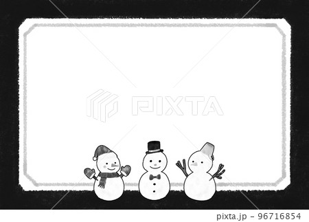 かわいい雪だるまのはがきテンプレート　白黒（グレースケール） 96716854