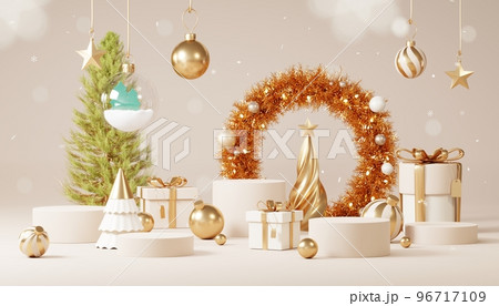 Christmas backgrounds with podium stage platform in minimal New year event theme. Merry Christmas scene for product display mock up banner. Empty stand pedestal decor in Xmas winter scene. 3D render. 96717109