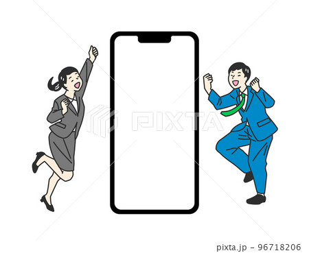スマホアプリを紹介するビジネススーツの男女のシンプルタッチのイメージイラスト素材 96718206