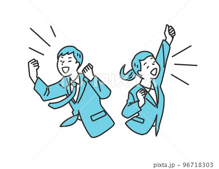 ガッツポーズをして応援するビジネス男女のシンプルタッチのイラスト素材 96718303