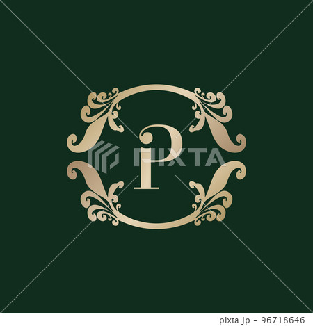 Letter P Alphabet Logo with Luxury Decorative Golden Frame. Elegant Curl Floral Ornament. Letter P Alphabet Logo with Luxury Decorative Golden Frame. Elegant Curl Floral Ornament. 96718646