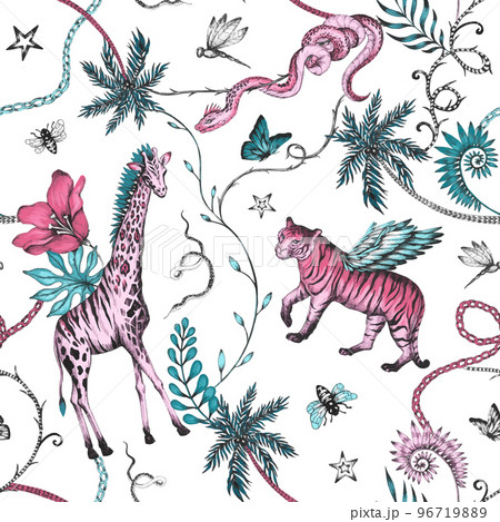 Beautiful vector trendy seamless pattern with hand drawn chimera animals birds insects and fantasy plants. Stock fashionable textile illustration. Beautiful vector trendy seamless pattern with hand drawn chimera animals birds insects and fantasy plants. Stock fashionable textile illustration. 96719889