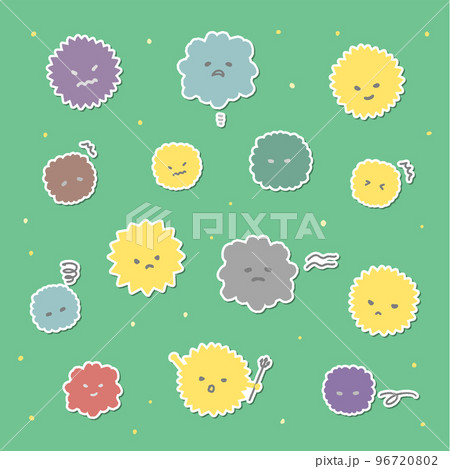 手描きした色々な表情のウイルス・菌・花粉・ハウスダストのステッカー風イラストセット - 感染症・病気 手描きした色々な表情のウイルス・菌・花粉・ハウスダストのステッカー風イラストセット - 感染症・病気 96720802