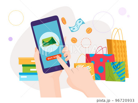 Human hand smartphone with shopping application, online remote shop app purchase clothes flat vector illustration, isolated on white. 96720933