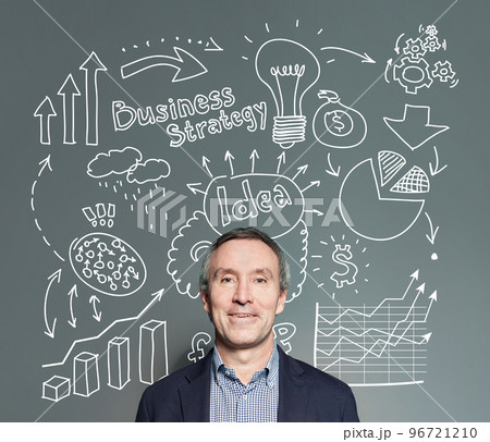 Pensive serious man with question marks and light bulbs above her head. Idea, brainstorming Pensive serious man with question marks and light bulbs above her head. Idea, brainstorming 96721210