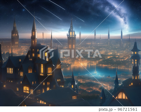 異世界の夜の街並みをイメージした風景です。 異世界の夜の街並みをイメージした風景です。 96721561