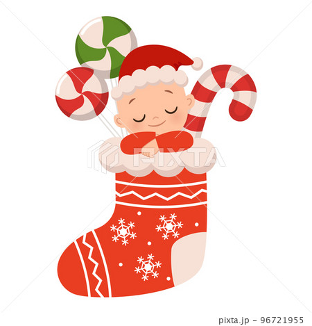 Cute sleeping baby on Christmas sock illustration. Flat vector cartoon design 96721955