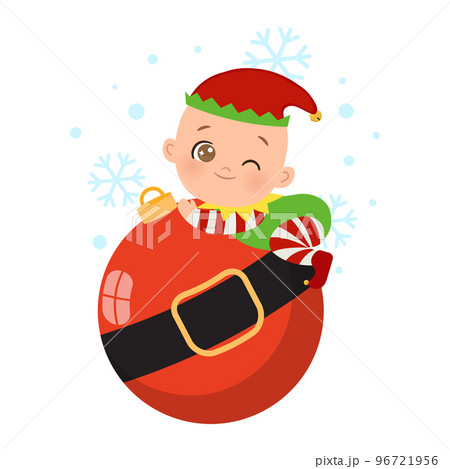 Cute baby elf Christmas illustration. Flat vector cartoon design 96721956