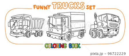 Funny small trucks with eyes. Coloring book set 96722229