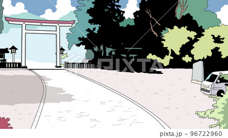 神社の境内のイラスト【鳥居・樹木・寺院・敷地・庭園・古都・参道・昼・夏・和風・日本建築・旅行】 96722960