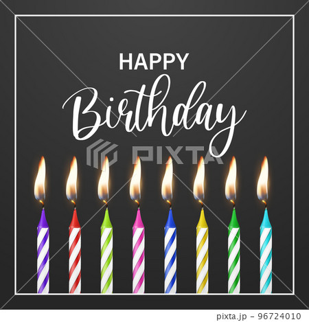 Happy Birthday. Vector Banner, Greeting Card with 3d Realistic Paraffin or Wax Burning Birthday Party Candle and Flame Set on Black Background. Design Template, Clipart, Birthday Concept 96724010