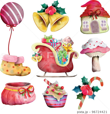 Cute Merry Christmas and Happy New Year illustrations or stickers. Festive Christmas objects and characters 96724421