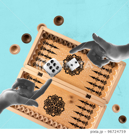 Contemporary art collage. Creative design. Popular game of backgammon. Online gambling games. Throwing dice. 96724759