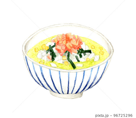 お茶漬け（鮭茶漬け）　和食の手描き水彩イラスト素材 96725296