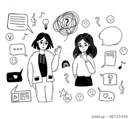 Thoughtful cute girl and woman with ok gesture, emotions, text bubbles, messages and thoughts. Isolated vector linear hand drawn doodle. Online communication concept, psychology and modern woman. Thoughtful cute girl and woman with ok gesture, emotions, text bubbles, messages and thoughts. Isolated vector linear hand drawn doodle. Online communication concept, psychology and modern woman. 96725430