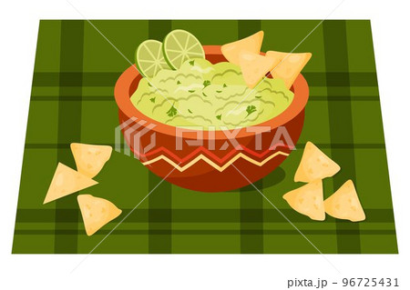 Guacamole. Traditional Mexican food - sauce guacamole with nachos and lime slices. Vector illustration. Colorful Latin American national dish Guacamole. Traditional Mexican food - sauce guacamole with nachos and lime slices. Vector illustration. Colorful Latin American national dish 96725431