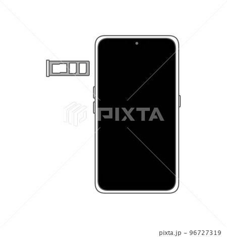 電源オフの白色のスマートフォンとSIMトレイ（SIMスロット、デュアルSIM、トリプルスロット） 96727319