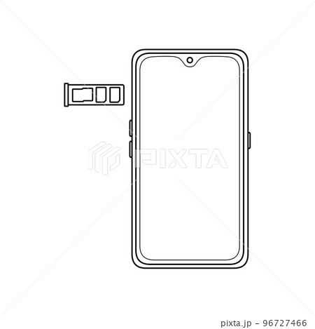 保護フィルムが貼られたスマートフォンとSIMトレイ(デュアルSIM、トリプルスロット)の線画 保護フィルムが貼られたスマートフォンとSIMトレイ(デュアルSIM、トリプルスロット)の線画 96727466