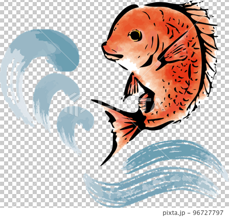 水墨畫海鯛和波浪的日式插圖 96727797