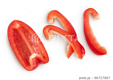 slices of red sweet bell pepper isolated on white background. Top view. Flat lay slices of red sweet bell pepper isolated on white background. Top view. Flat lay 96727867