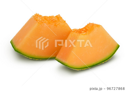 Cantaloupe melon piece isolated on white background with full depth of field. 96727868
