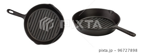 Empty cast iron grill frying pan isolated on white background. Top view. Empty cast iron grill frying pan isolated on white background. Top view. 96727898