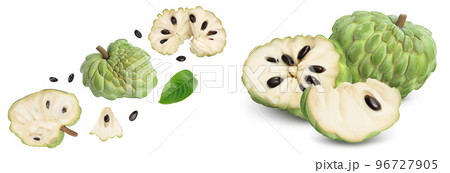 Sugar apple or custard apple isolated on white background. Exotic tropical Thai annona or cherimoya fruit. Top view. Flat lay 96727905
