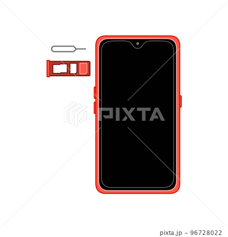 SIMピンとSIMトレイ（トリプルスロット）と保護フィルムが貼られた電源オフの赤色のスマートフォン 96728022