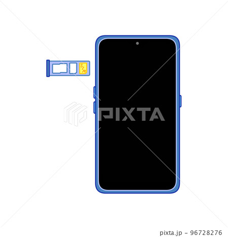 SIMカードが1つセットされたSIMトレイ（トリプルスロット）と電源オフの青色のスマートフォン 96728276