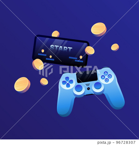 Joystick, game controller with monitor and flying coins. P2E Crypto Games Illustration. Multiplatform NFT Games Joystick, game controller with monitor and flying coins. P2E Crypto Games Illustration. Multiplatform NFT Games 96728307