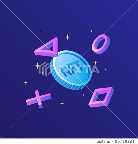 NFT Games. Flying Coin with geometric shapes. P2E Crypto Games Illustration 96728331
