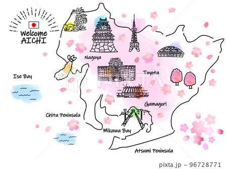 春の愛知県の観光地のシンプル線画イラストマップ（ピンク） 96728771