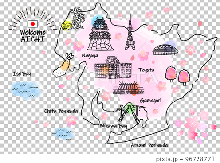 春の愛知県の観光地のシンプル線画イラストマップ（ピンク） 96728771