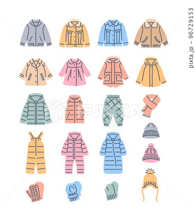Baby outerwear warm clothes color fill line icons. Jackets, coats, snowsuits, hats and mittens. Color pictograms of kid clothing. Children wardrobe. Basic winter outfit for toddler, little boy or girl Baby outerwear warm clothes color fill line icons. Jackets, coats, snowsuits, hats and mittens. Color pictograms of kid clothing. Children wardrobe. Basic winter outfit for toddler, little boy or girl 96729153