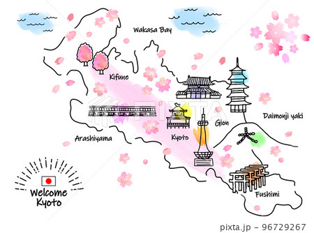 春の京都の観光地のシンプル線画イラストマップ（ピンク） 96729267