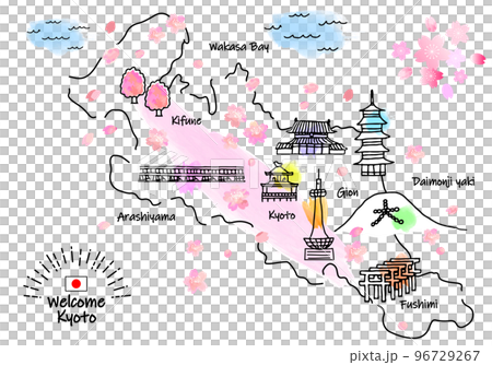 春の京都の観光地のシンプル線画イラストマップ（ピンク） 96729267